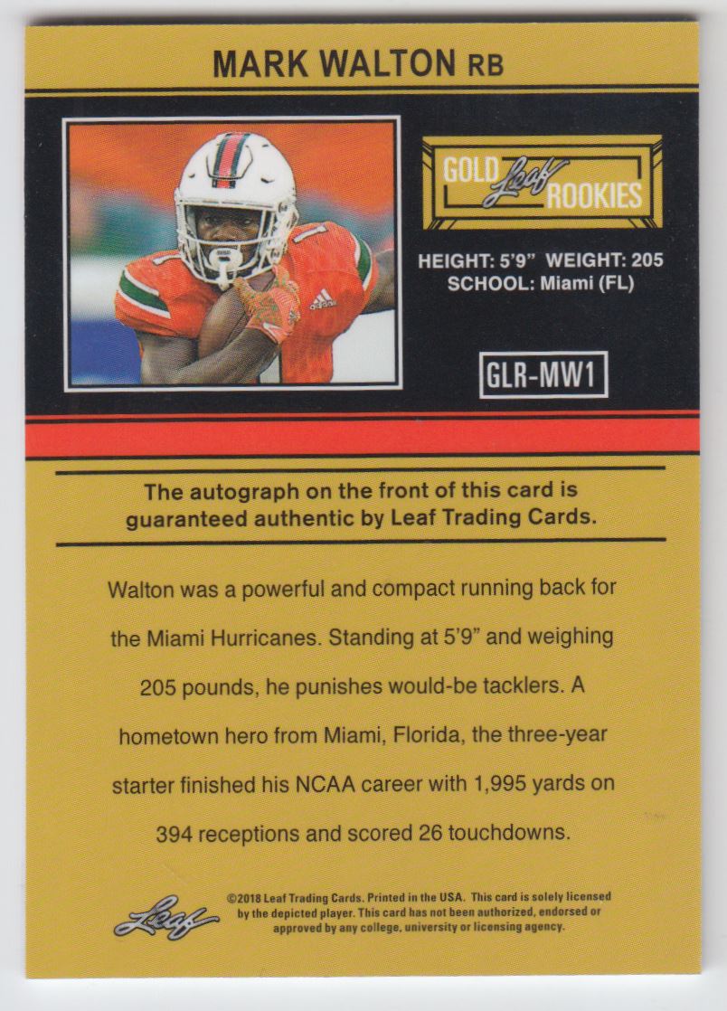 2018 Leaf Ultimate Draft '91 Rookie Autographs #GLRMW1 Mark Walton