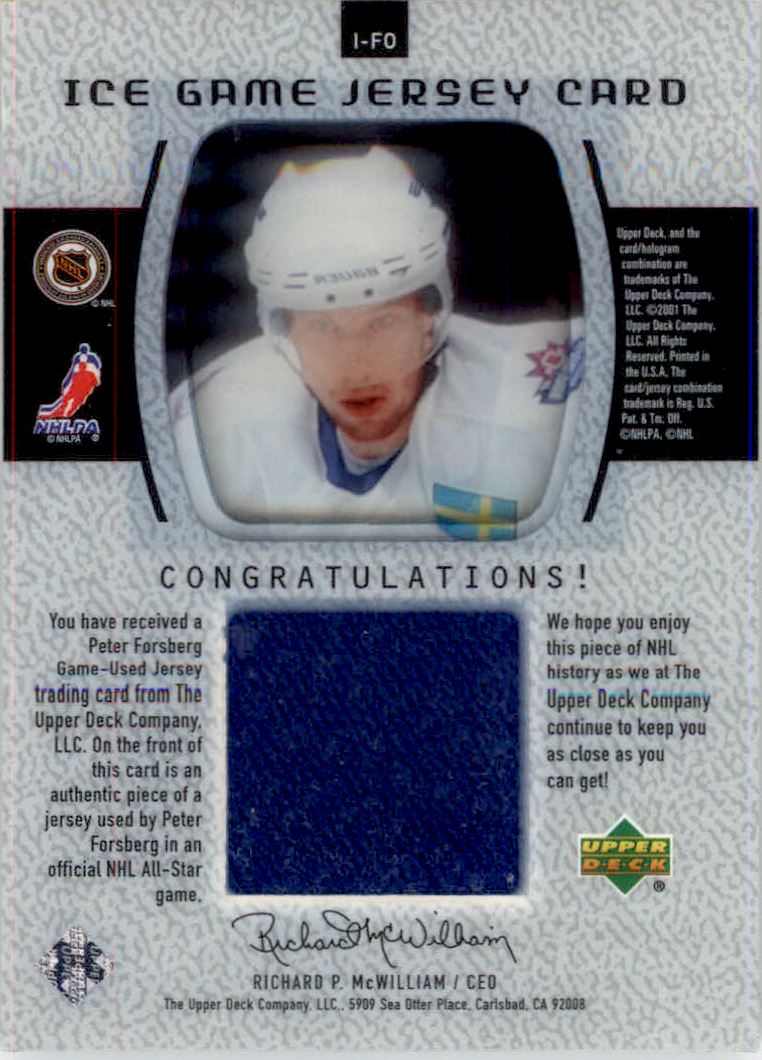 2000-01 Upper Deck Ice Game Jerseys #IFO Peter Forsberg Upd back image