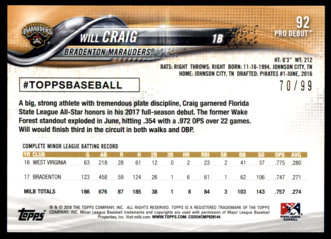 2018 Topps Pro Debut Green #92 Will Craig back image