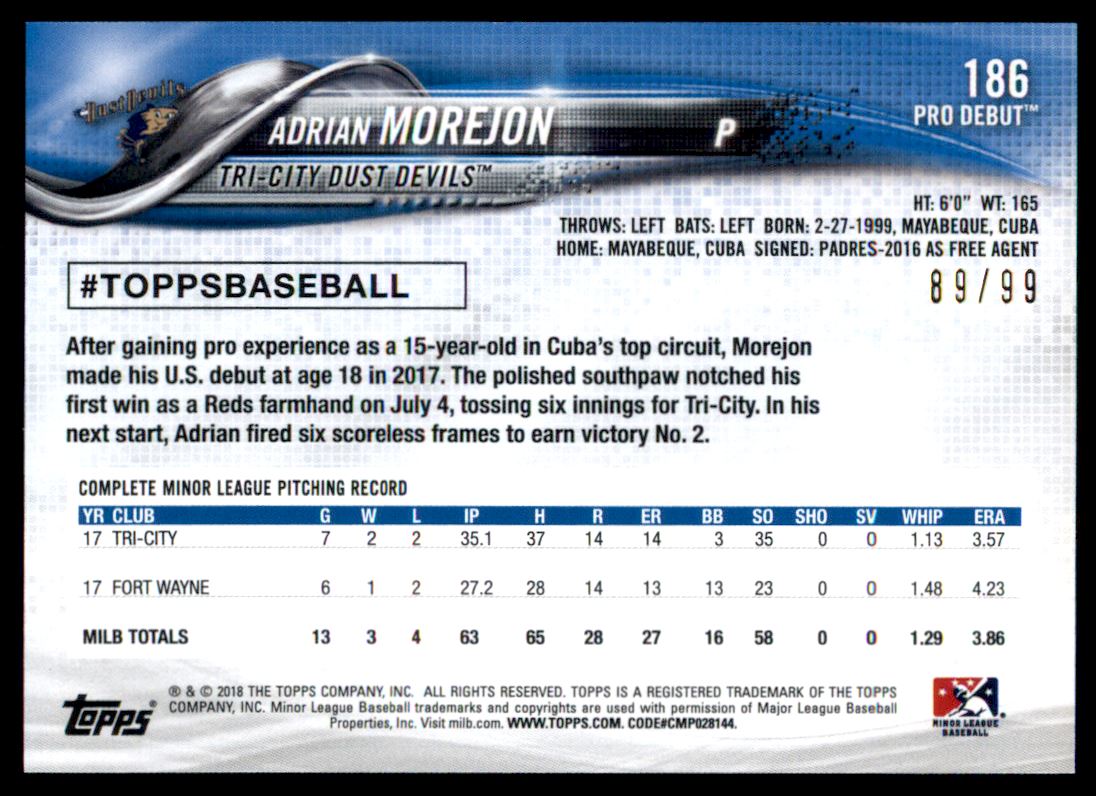 2018 Topps Pro Debut Green #186 Adrian Morejon back image