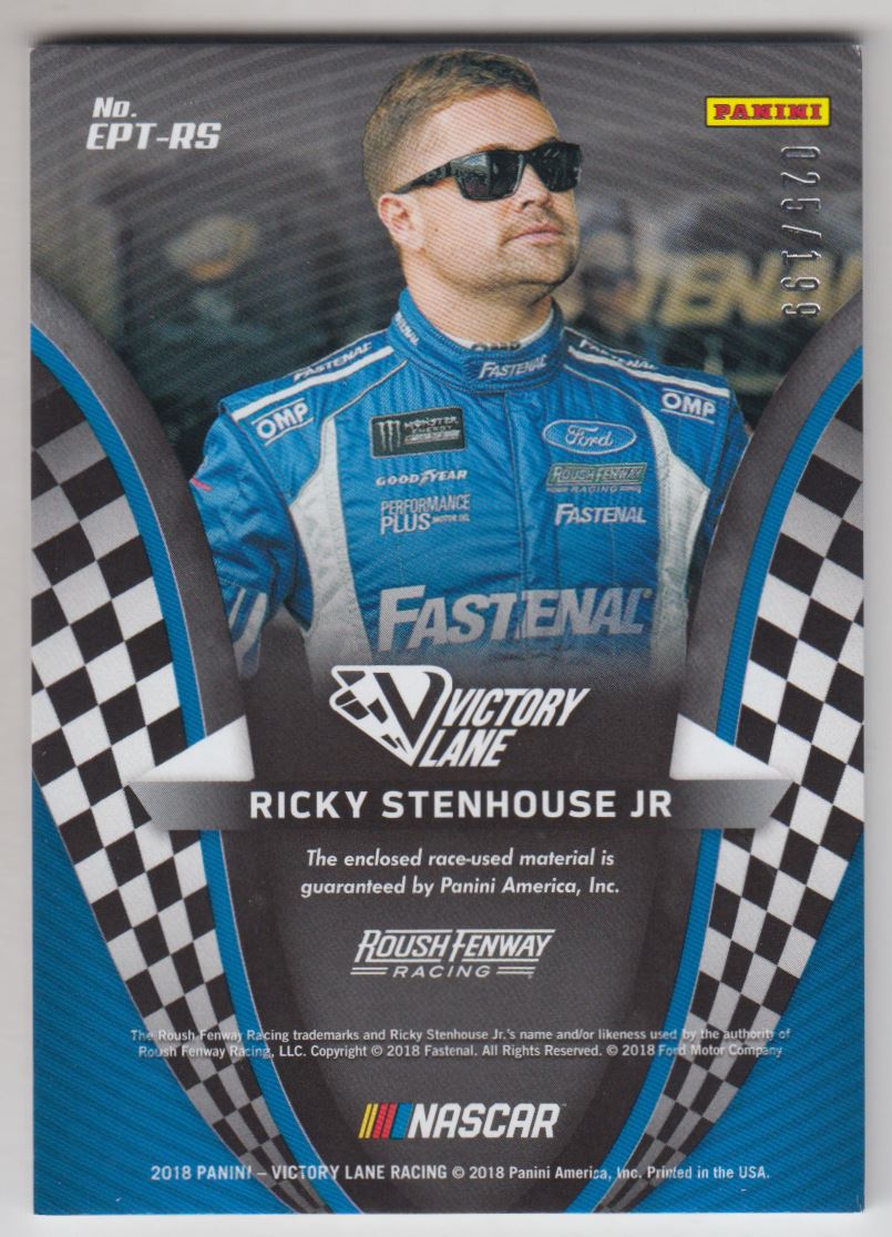 2018 Panini Victory Lane Engineered to Perfection Triple Materials Gold #15 Ricky Stenhouse Jr./199 back image