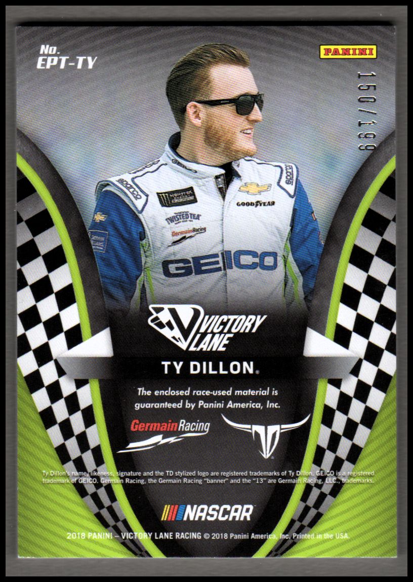 2018 Panini Victory Lane Engineered to Perfection Triple Materials Gold #19 Ty Dillon/199 back image
