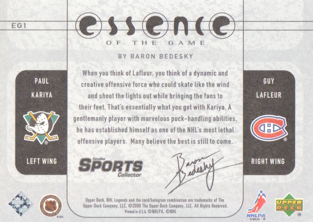 2000-01 Upper Deck Legends Essence of the Game #EG1 Guy Lafleur/Paul Kariya back image