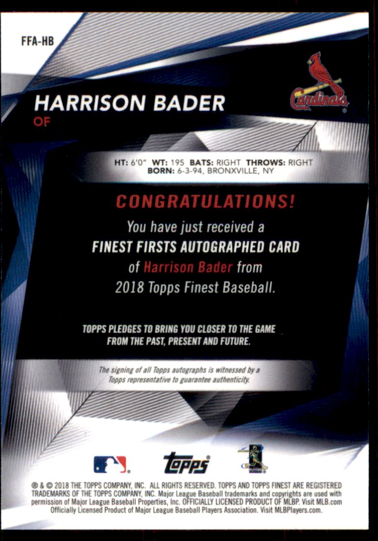 2018 Finest Firsts Autographs #FFAHB Harrison Bader back image