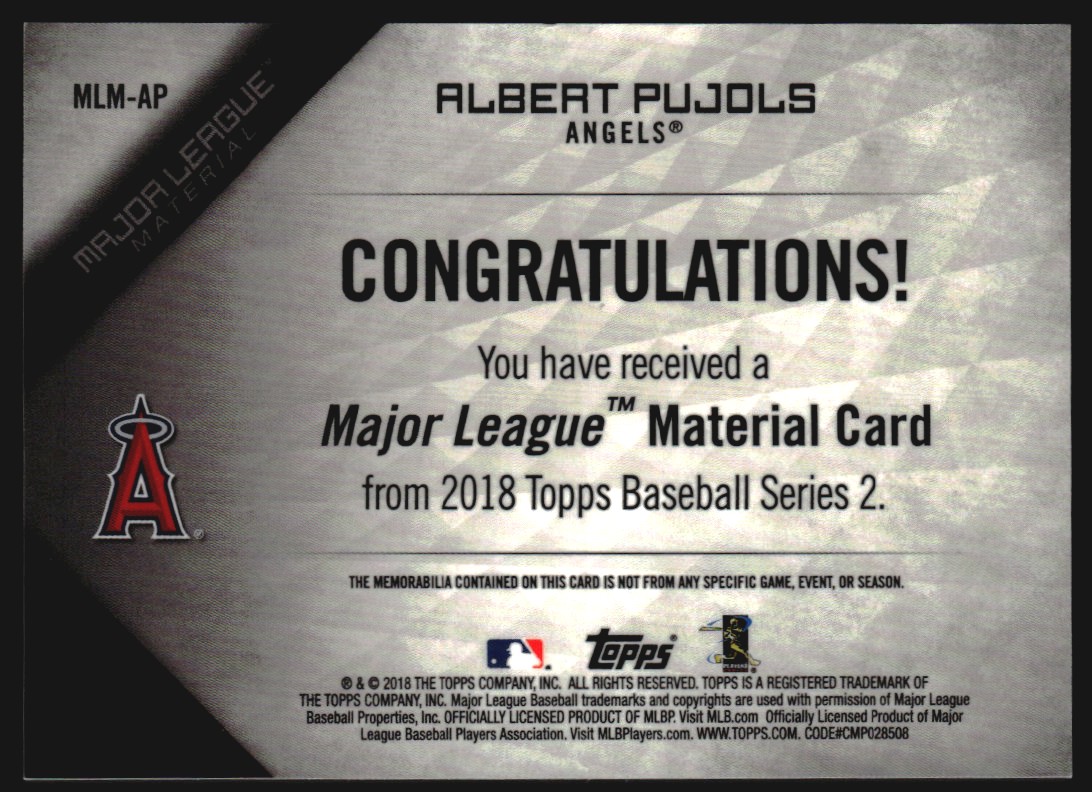 2018 Topps Major League Materials Black #MLMAP Albert Pujols S2