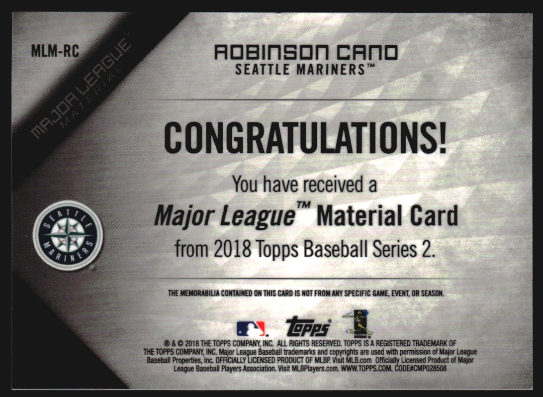 2018 Topps Major League Materials Black #MLMRC Robinson Cano S2