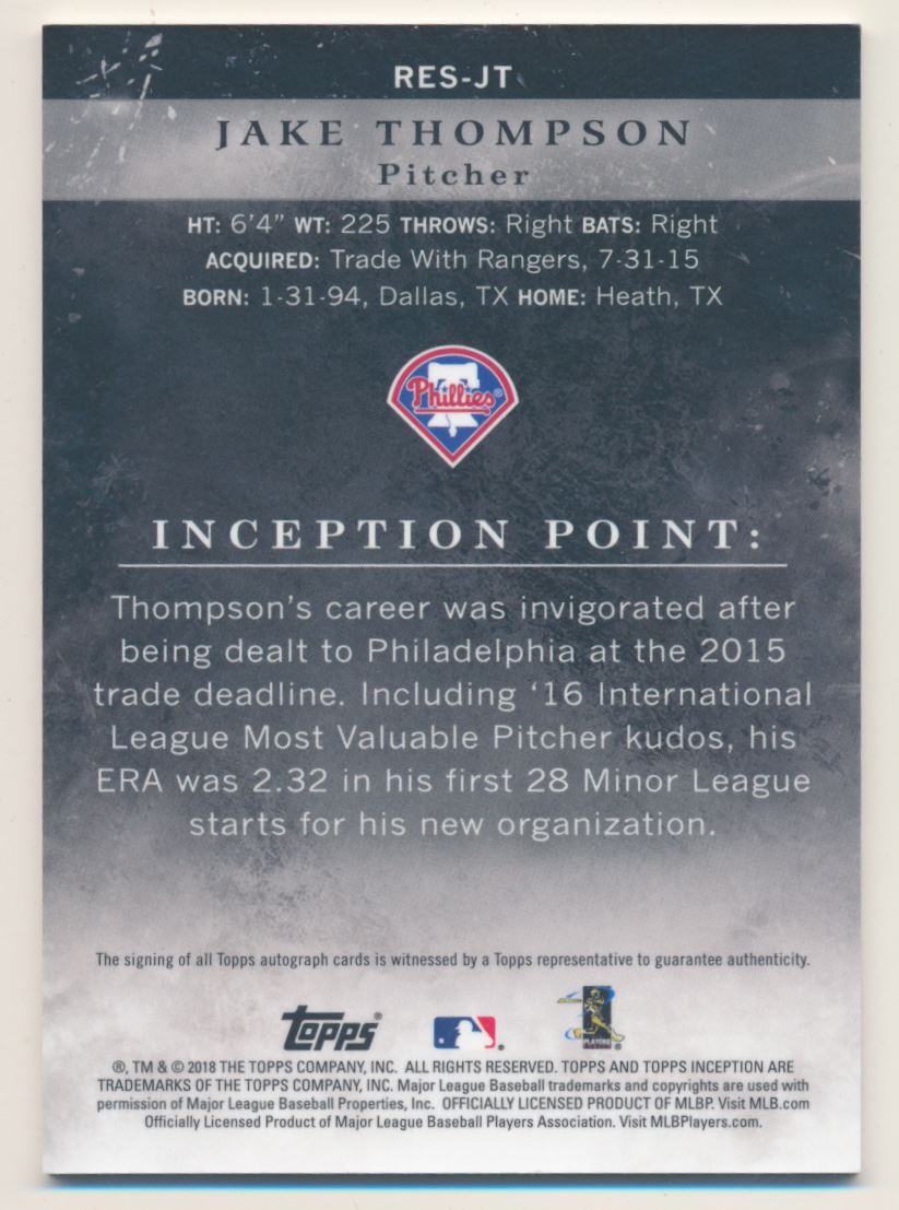 2018 Topps Inception Rookies and Emerging Stars Autographs Red #RESJT Jake Thompson