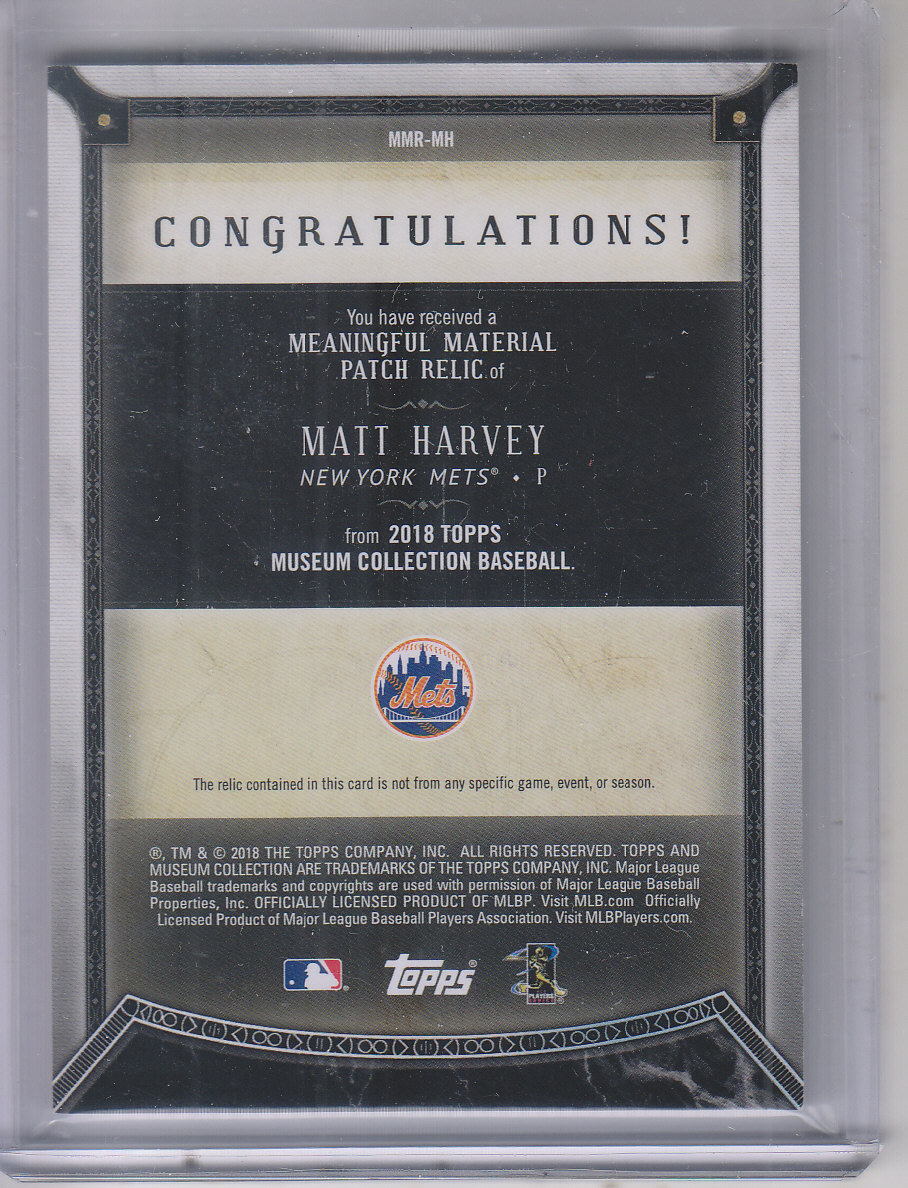 2018 Topps Museum Collection Meaningful Material Relics Emerald #MMRMHA Matt Harvey back image
