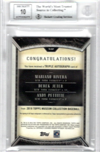2018 Topps Museum Collection Triple Autographs #TARJP Mariano Rivera/Andy Pettitte/Derek Jeter back image