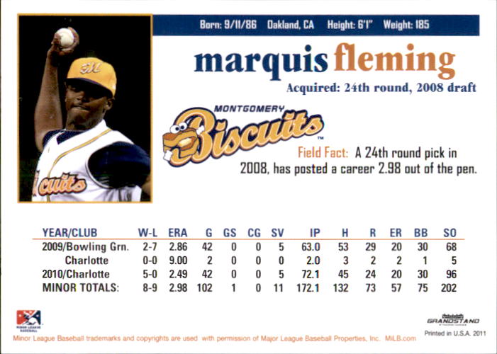 2011 Montgomery Biscuits Grandstand #12 Marquis Fleming back image