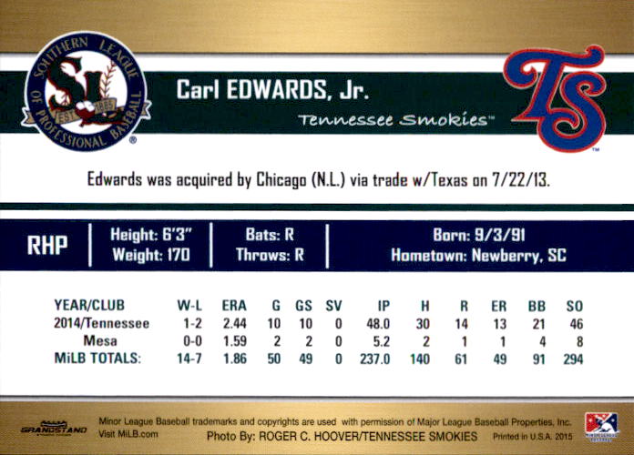 2015 Southern League Top Prospects #10 Carl Edwards, Jr. back image