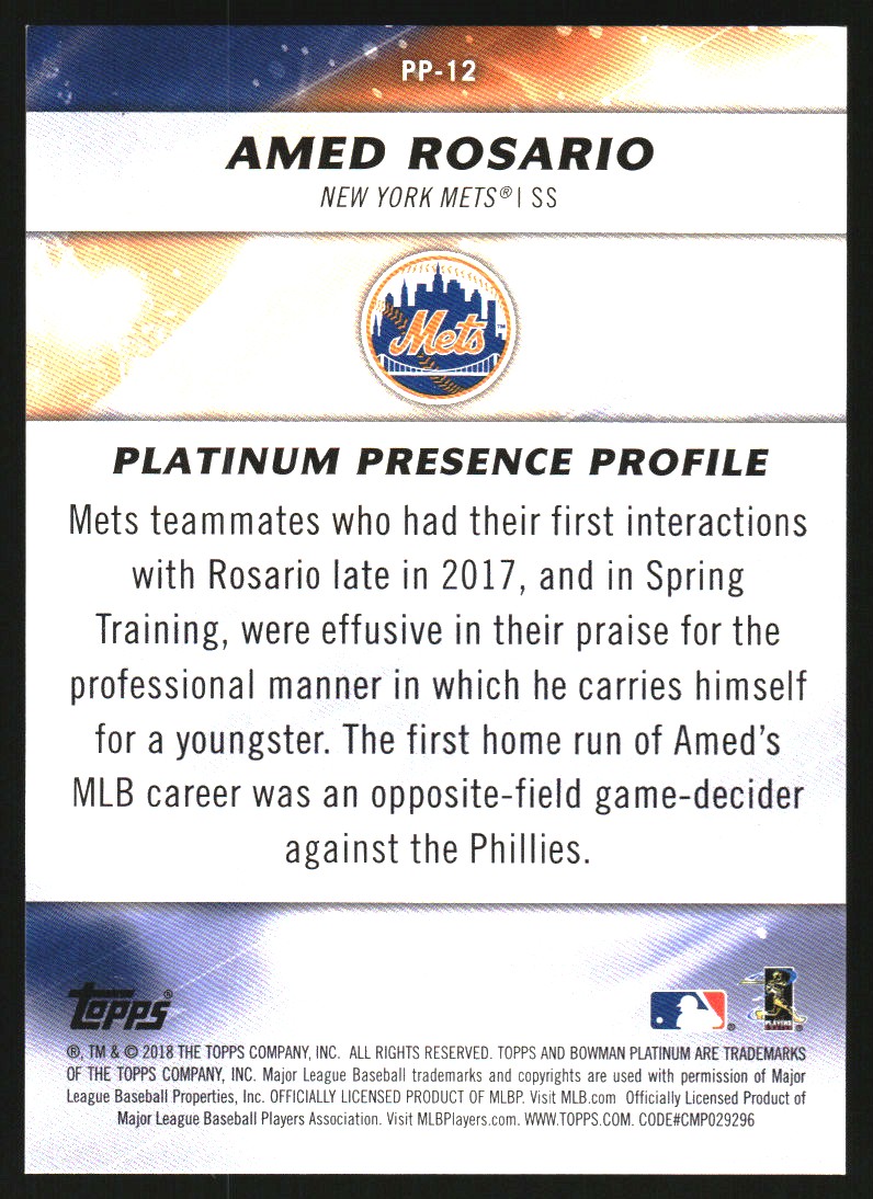 2018 Bowman Platinum Platinum Presence Green #PP12 Amed Rosario