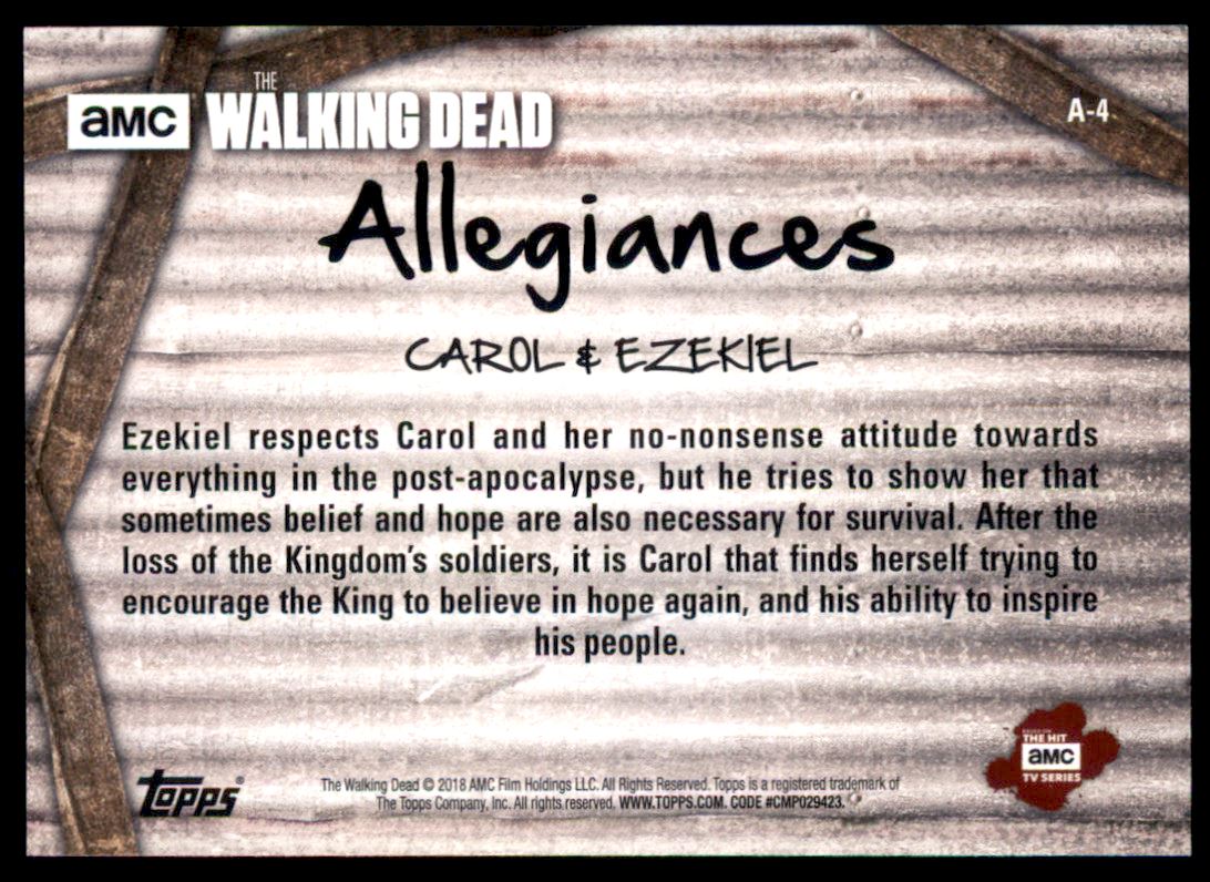 2018 Topps The Walking Dead Season 8 Part 1 Allegiances #A4 Carol & Ezekiel back image