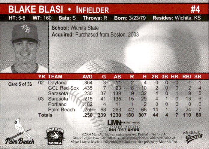 2004 Palm Beach Cardinals Multi-Ad #5 Blake Blasi back image