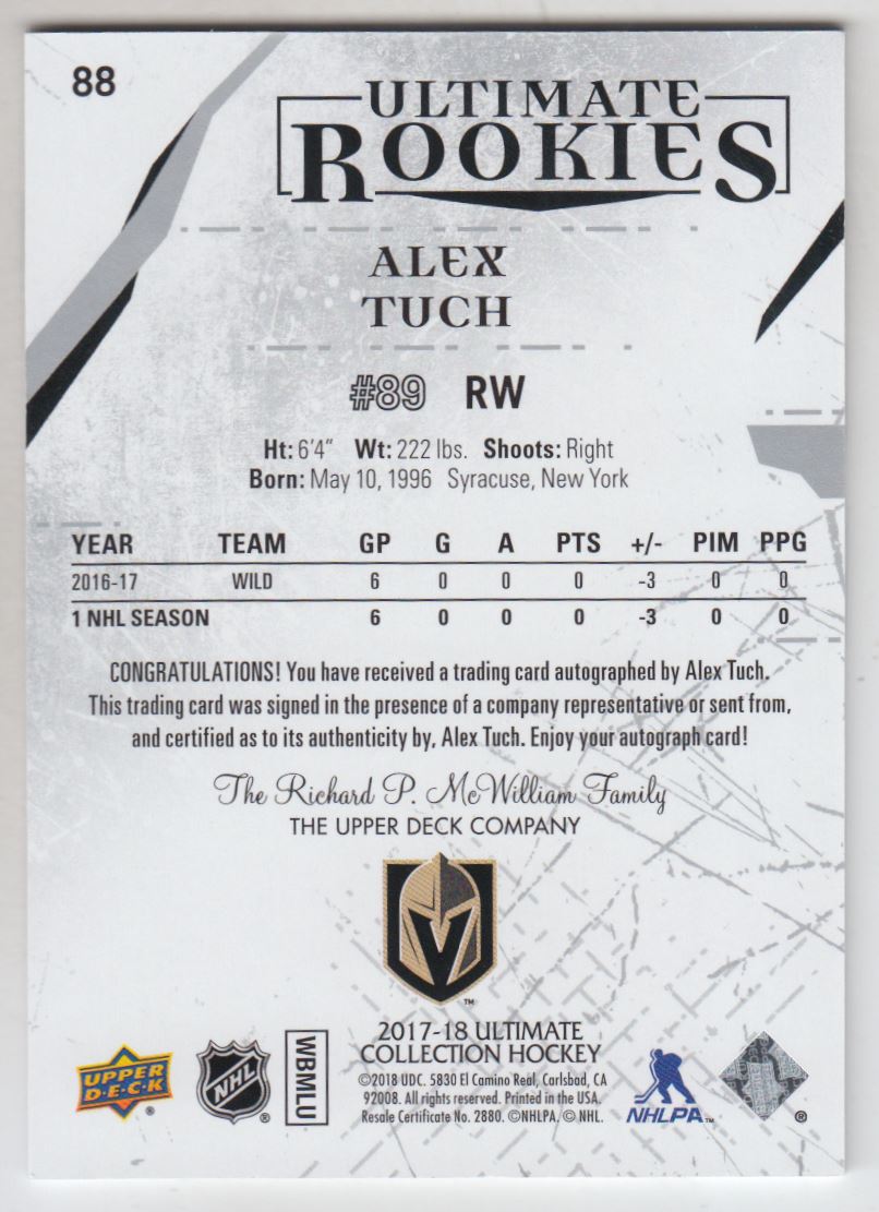 2017-18 Ultimate Collection #88 Alex Tuch AU/299 RC back image
