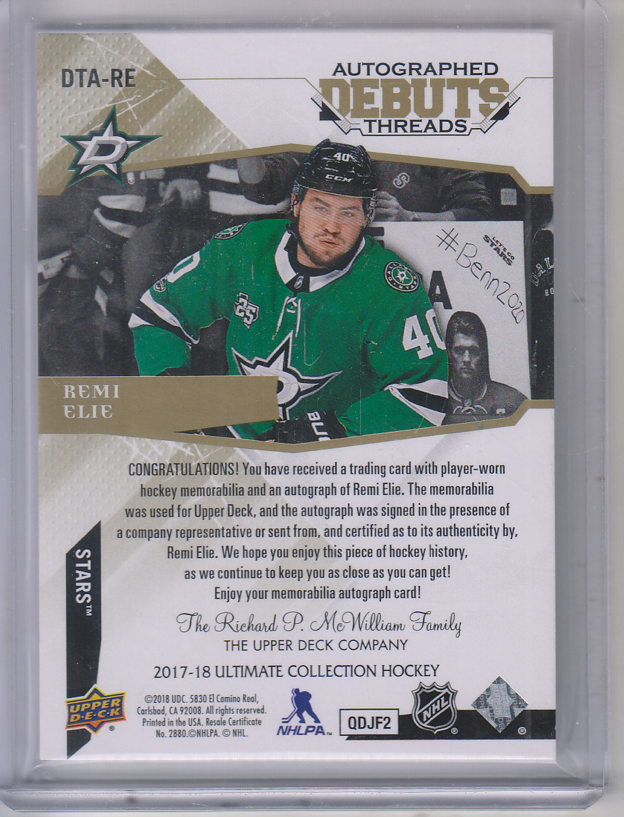 2017-18 Ultimate Collection Debut Threads Patch Autographs #DTARE Remi Elie/149 back image