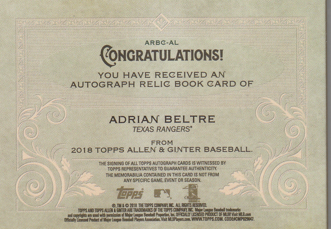2018 Topps Allen and Ginter Autograph Relic Booklets #ARBCAL Adrian Beltre back image
