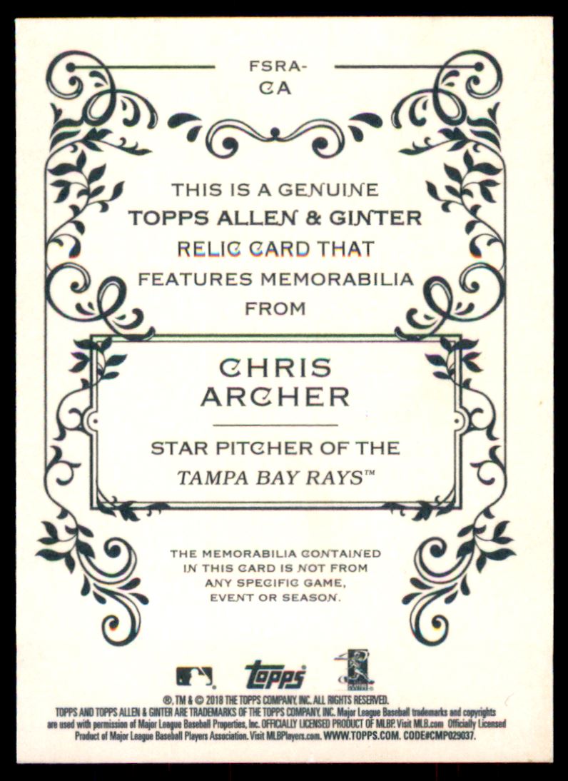 2018 Topps Allen and Ginter Relics #FSRACA Chris Archer A back image