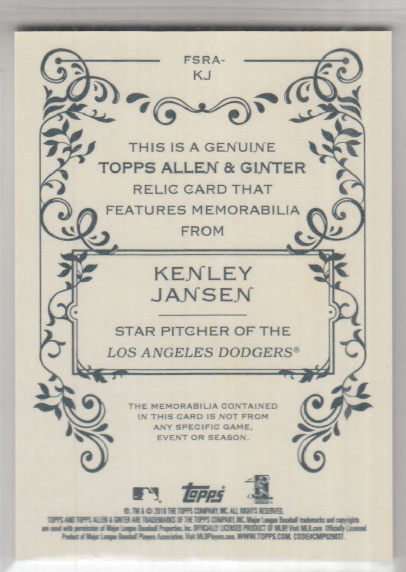 2018 Topps Allen and Ginter Relics #FSRAKJ Kenley Jansen A back image