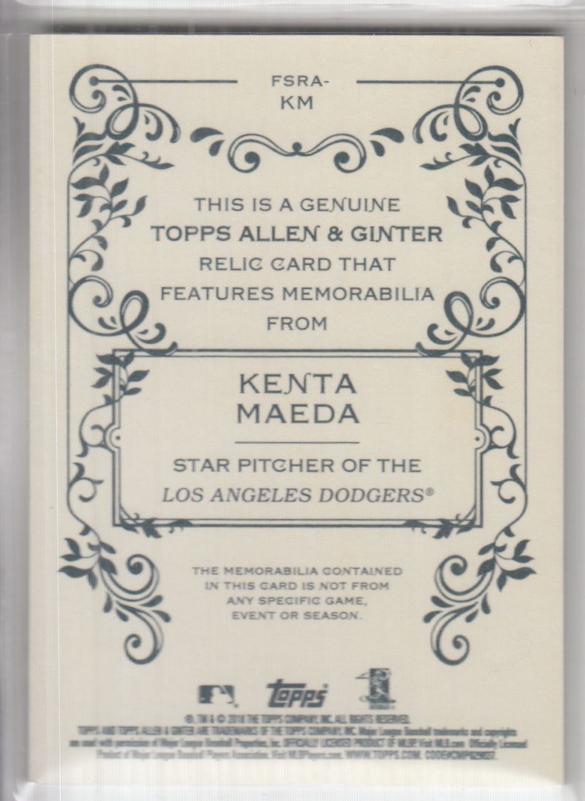 2018 Topps Allen and Ginter Relics #FSRAKM Kenta Maeda A back image