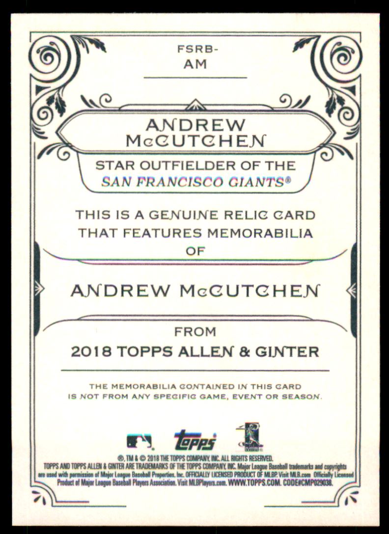 2018 Topps Allen and Ginter Relics #FSRBAM Andrew McCutchen B back image