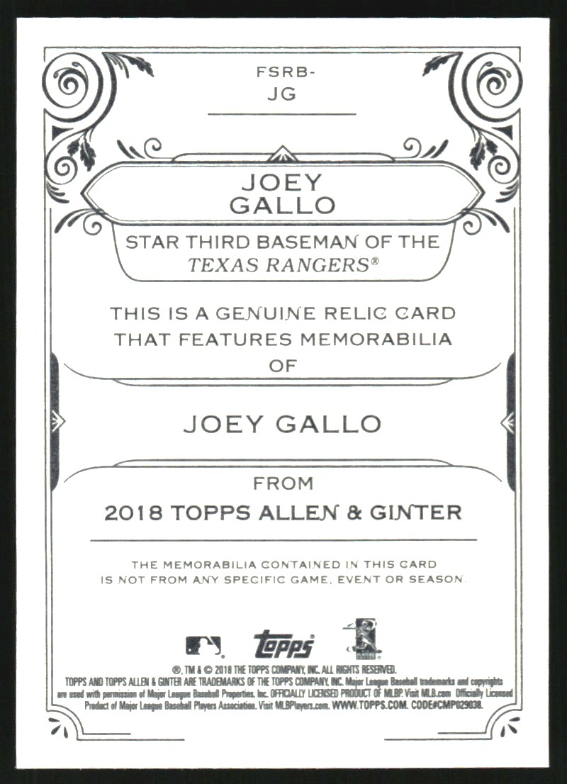 2018 Topps Allen and Ginter Relics #FSRBJG Joey Gallo B back image