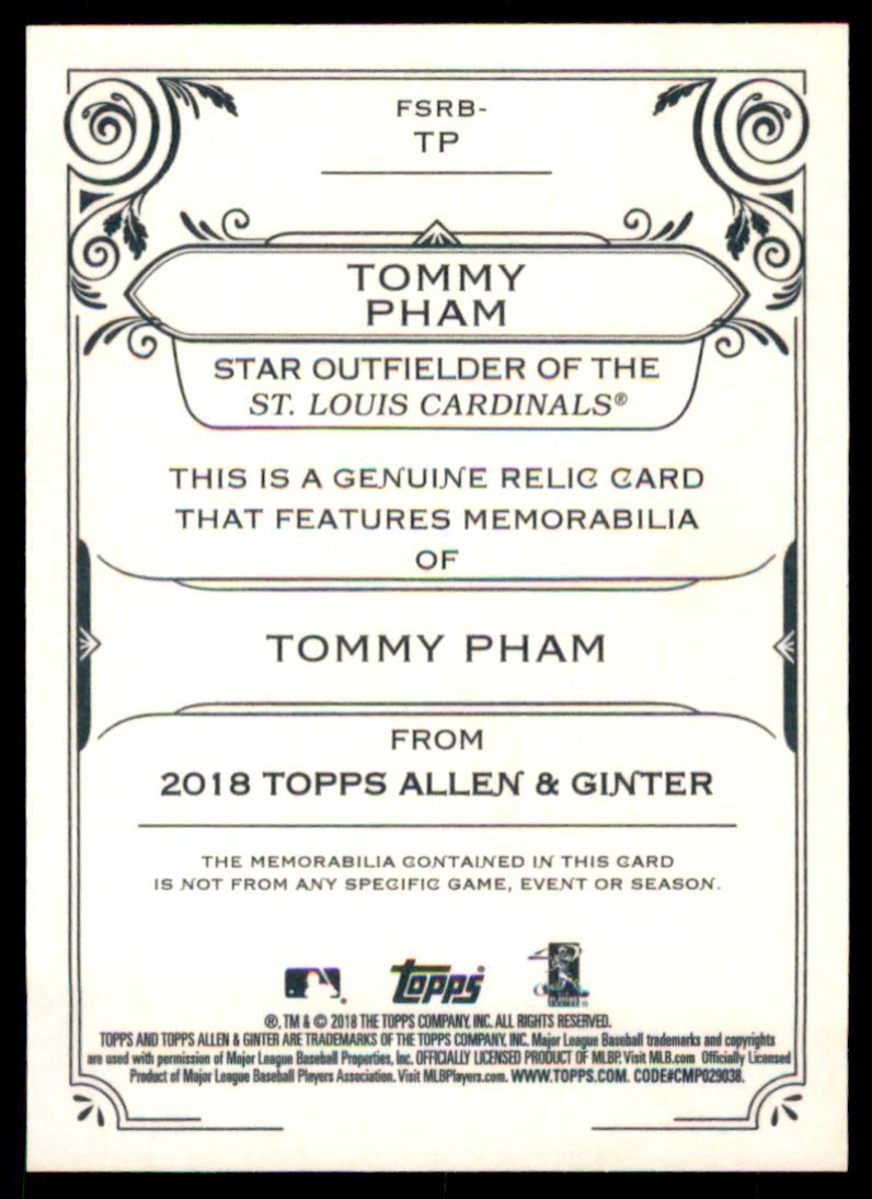 2018 Topps Allen and Ginter Relics #FSRBTP Tommy Pham B back image