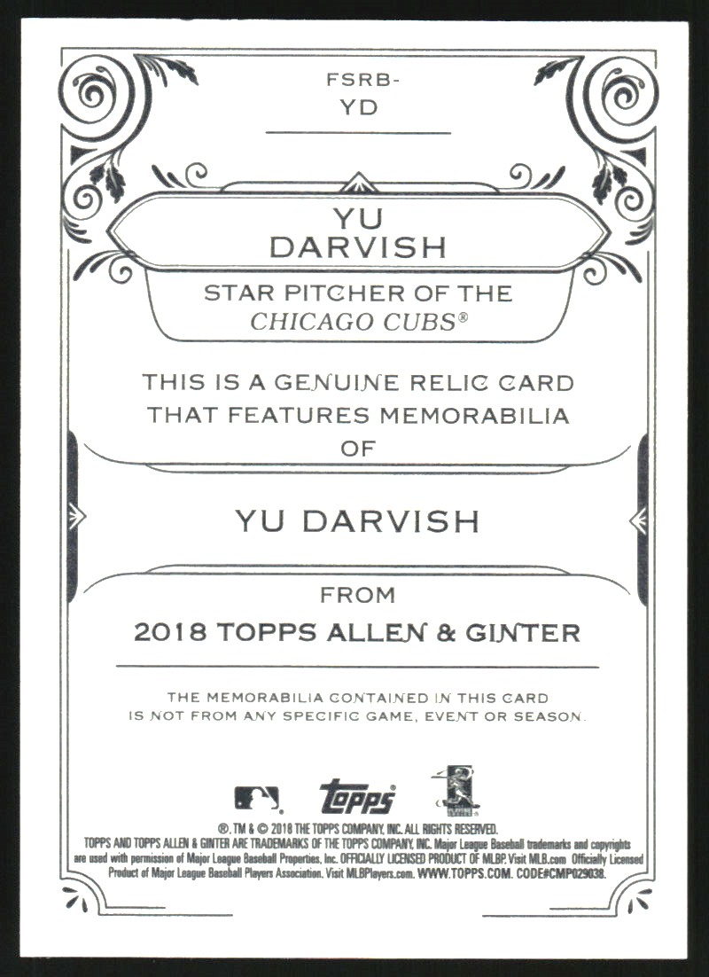 2018 Topps Allen and Ginter Relics #FSRBYD Yu Darvish B back image