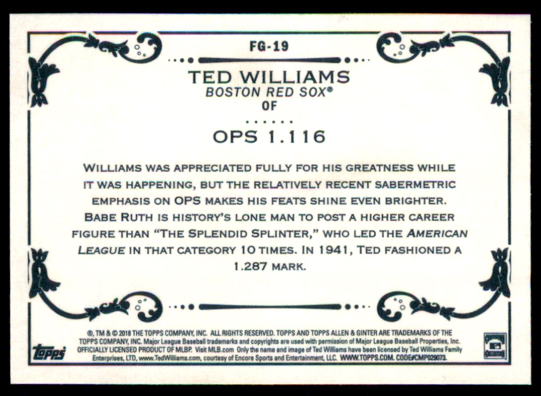 2018 Topps Allen and Ginter Fantasy Goldmine #FG19 Ted Williams