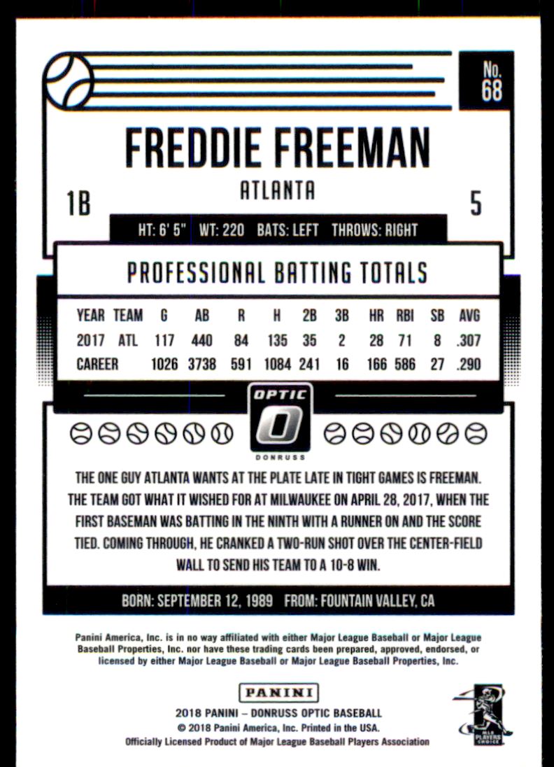 2018 Donruss Optic #68 Freddie Freeman back image