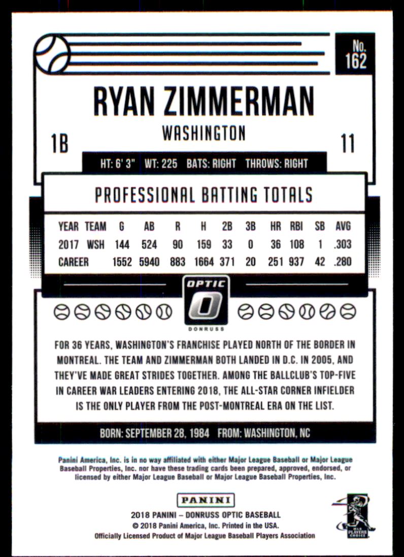 2018 Donruss Optic #162 Ryan Zimmerman back image