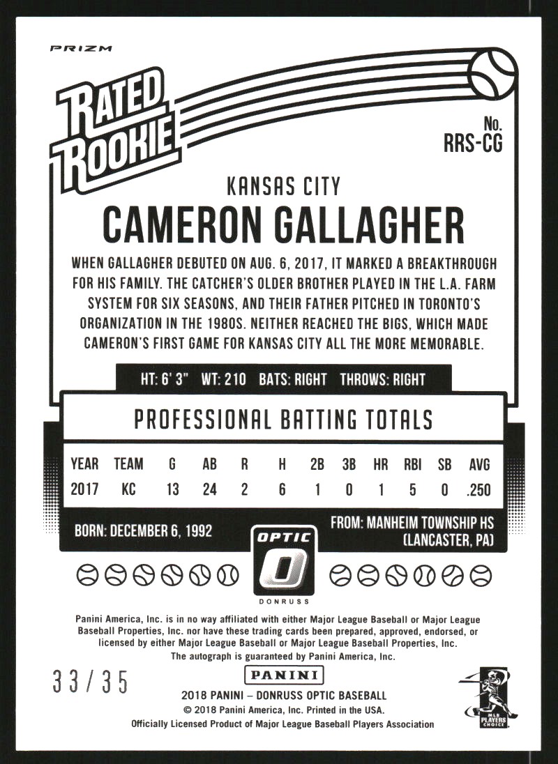 2018 Donruss Optic Rated Rookies Signatures Carolina Blue #RRSCG Cameron Gallagher/35 back image