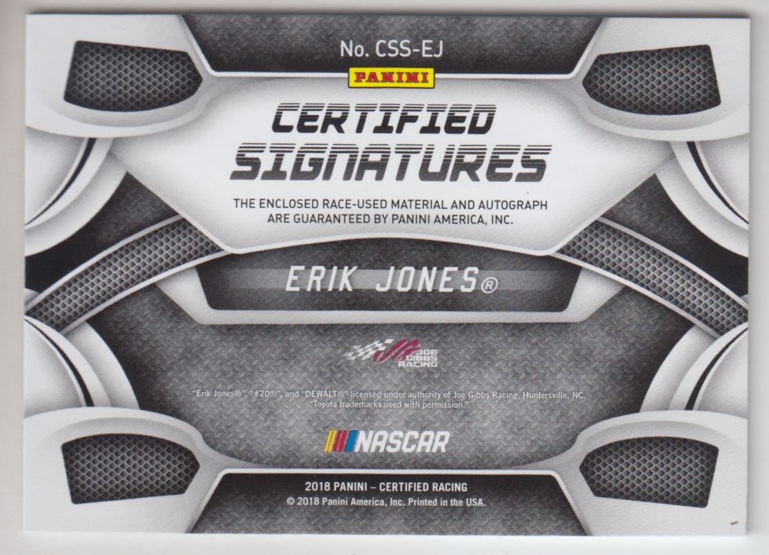 2018 Certified Materials Signatures #9 Erik Jones/75 back image