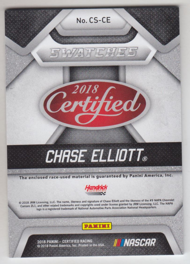2018 Certified Cup Swatches #6 Chase Elliott/499 back image