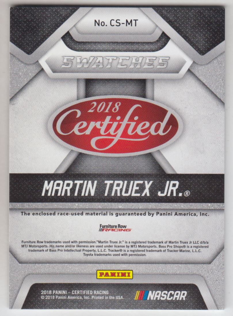 2018 Certified Cup Swatches #20 Martin Truex Jr./499 back image