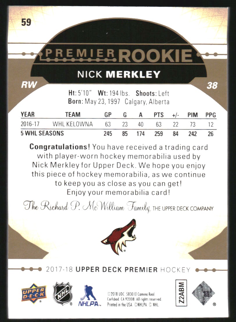 2017-18 Upper Deck Premier Jerseys Premium Materials #59 Nick Merkley/36