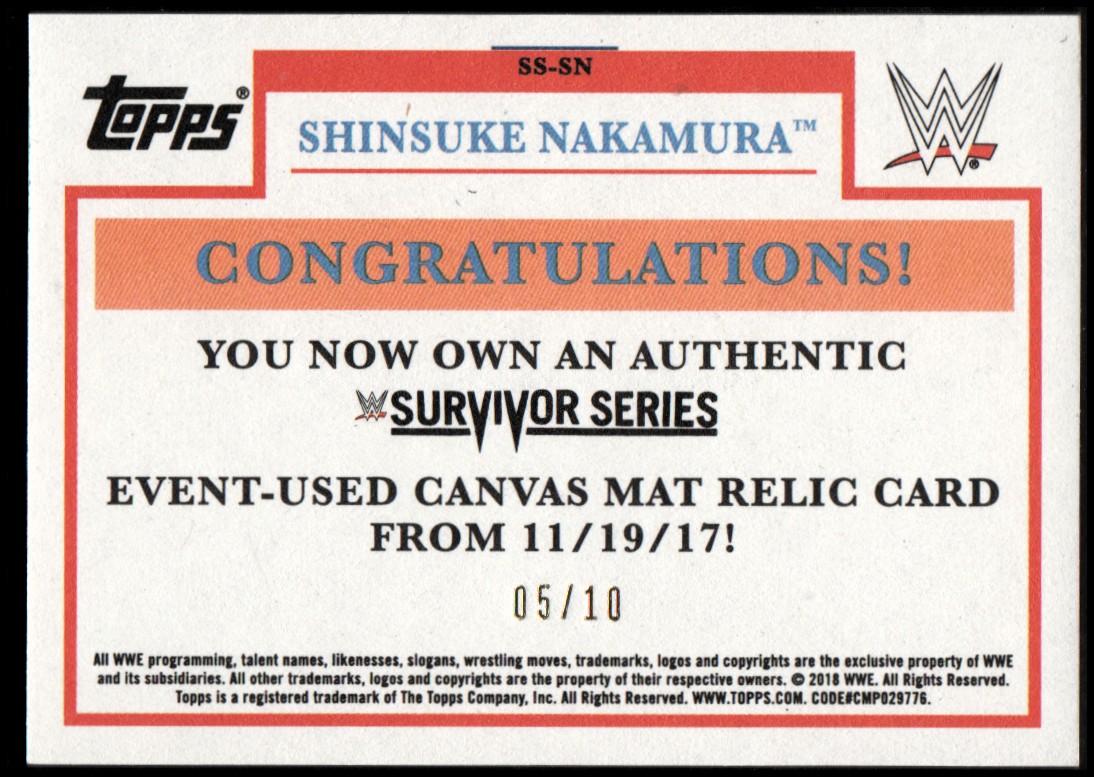 2018 Topps Heritage WWE Survivor Series 2017 Mat Relics Gold #SSSN Shinsuke Nakamura back image