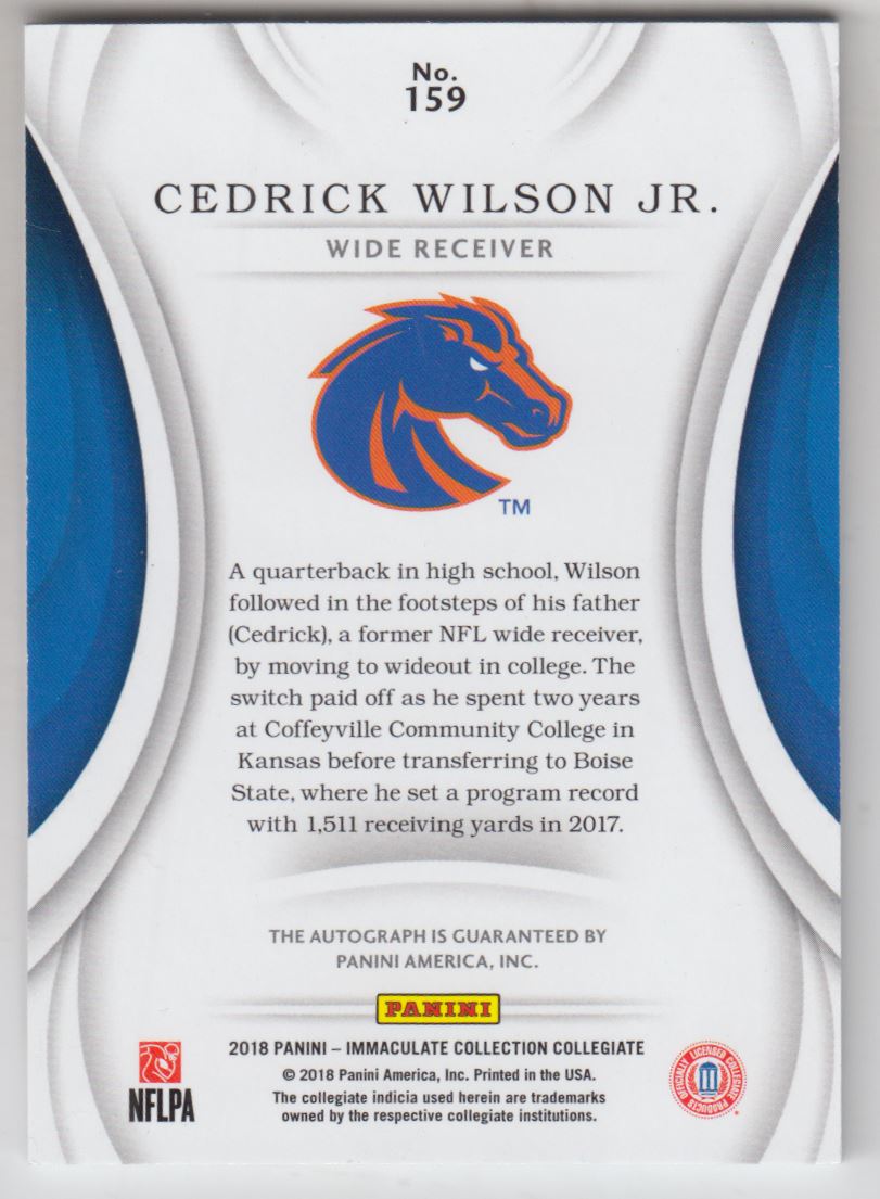 2018 Immaculate Collection Collegiate #159 Cedrick Wilson Jr. AU/99 RC back image