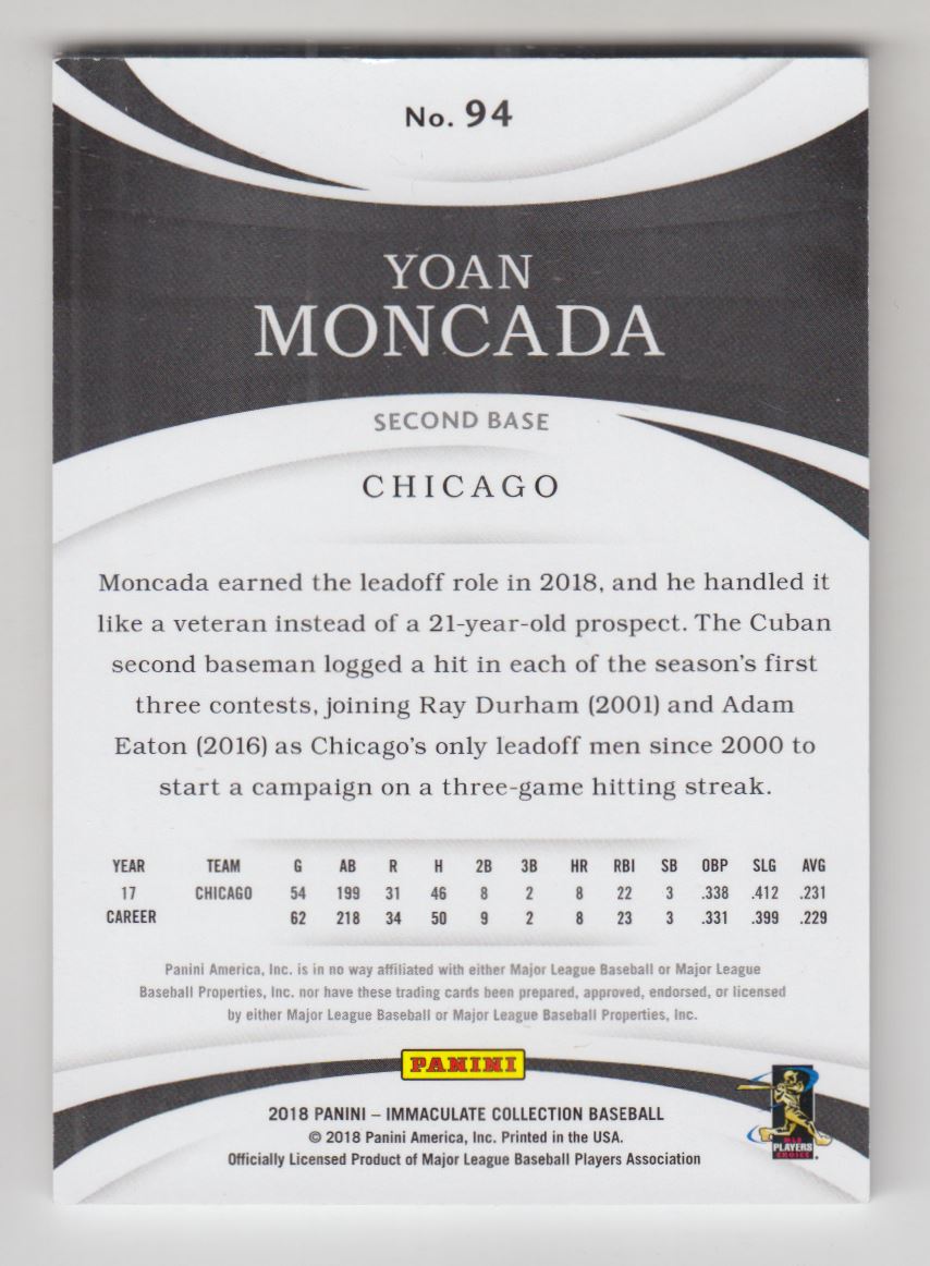2018 Immaculate Collection #94 Yoan Moncada back image