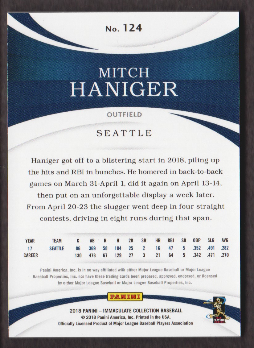 2018 Immaculate Collection #124 Mitch Haniger back image