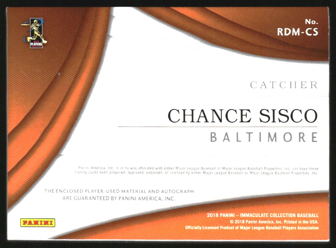 2018 Immaculate Collection Rookie Dual Material Autographs #5 Chance Sisco/99