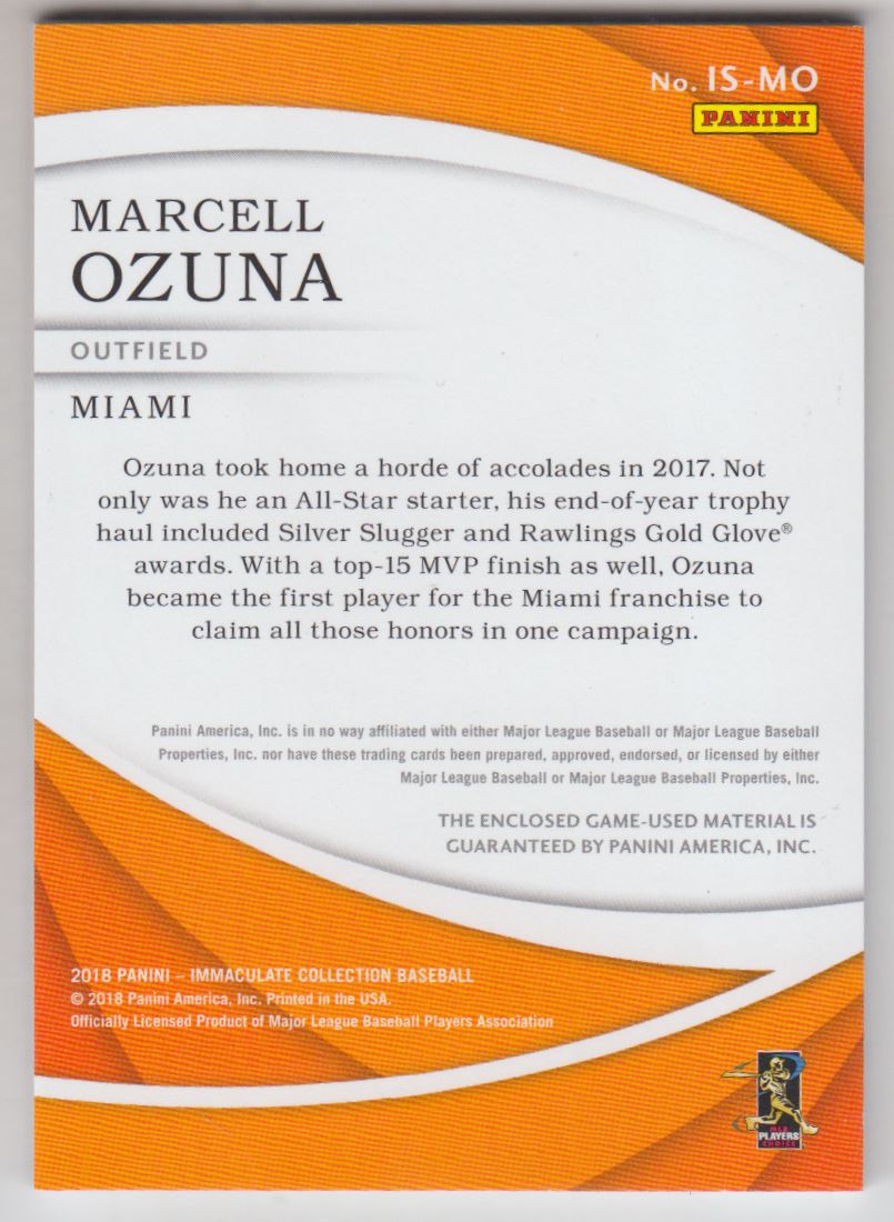 2018 Immaculate Collection Immaculate Swatches #52 Marcell Ozuna/99 back image