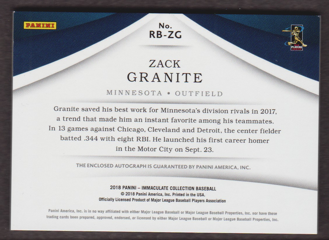 2018 Immaculate Collection Immaculate Rookie Bat Autographs Red #25 Zack Granite/49 back image