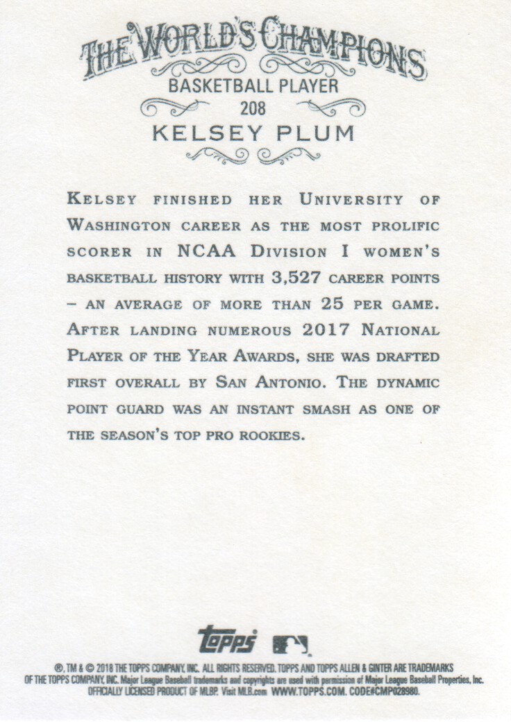 2018 Topps Allen and Ginter X #208 Kelsey Plum back image