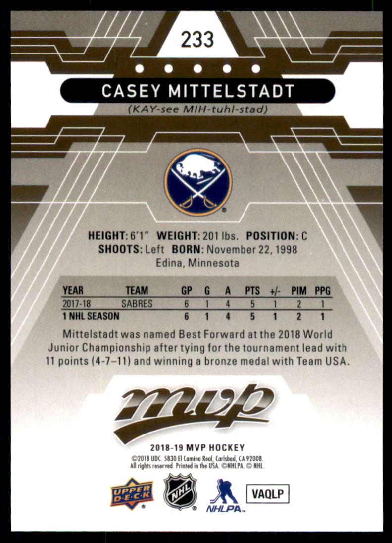 2018-19 Upper Deck MVP #233 Casey Mittelstadt RC back image