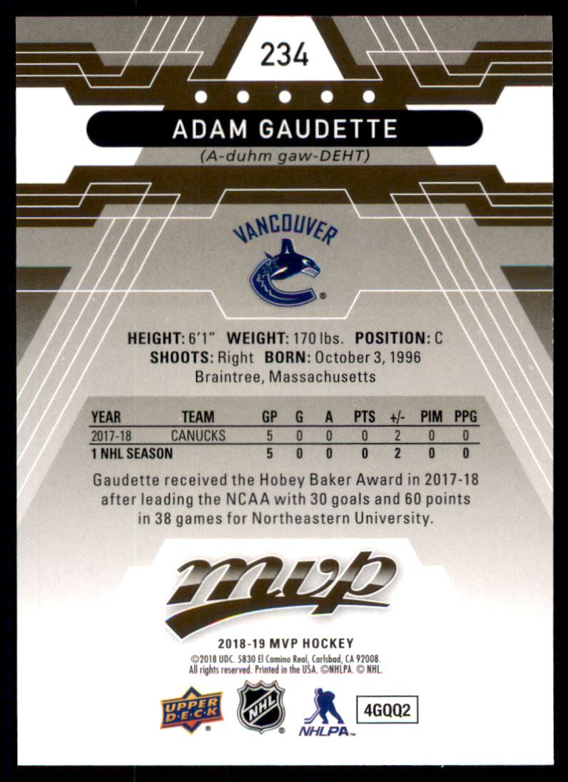2018-19 Upper Deck MVP #234 Adam Gaudette RC back image