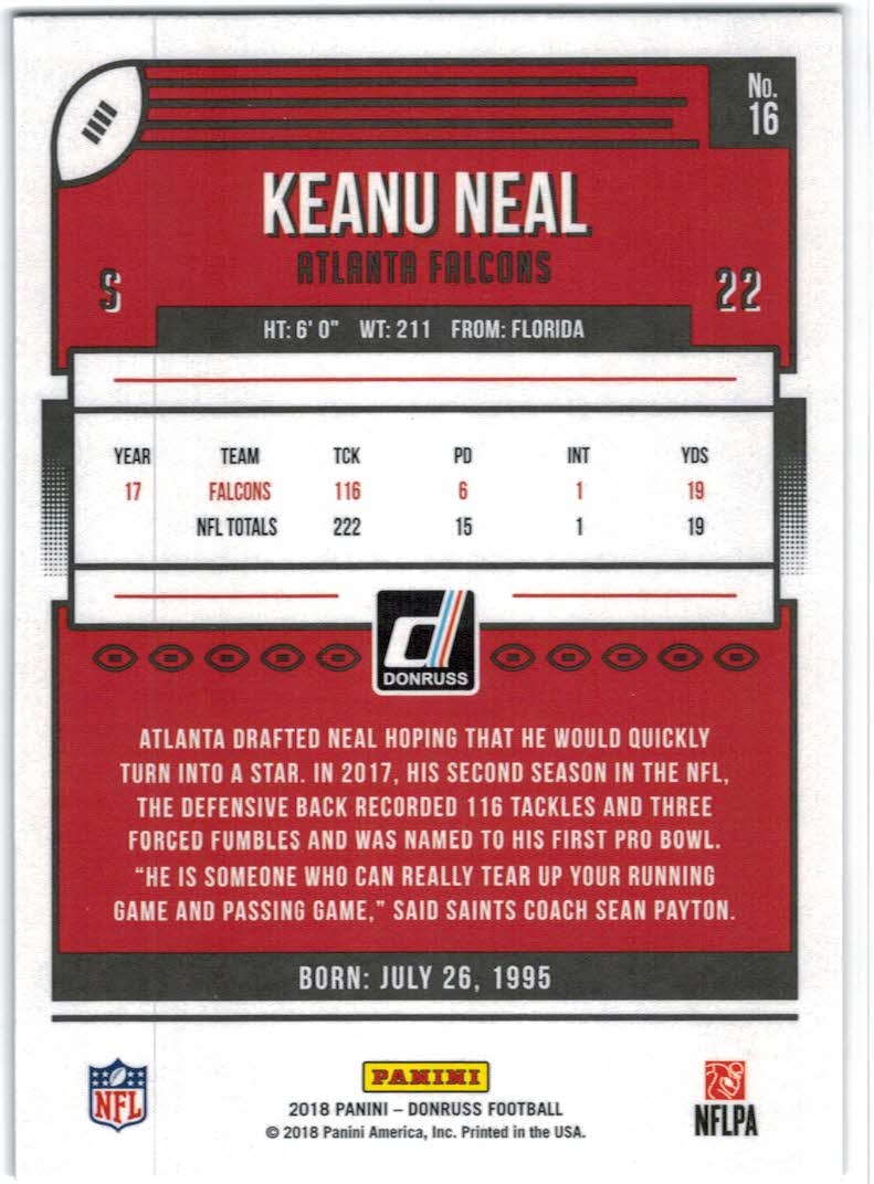 2018 Donruss #16 Keanu Neal back image