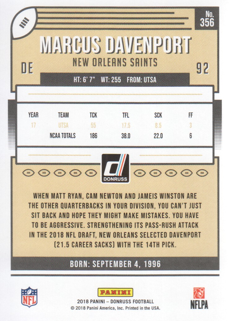 2018 Donruss Press Proof Gold #356 Marcus Davenport back image