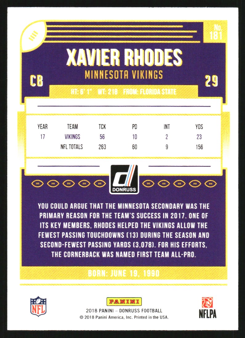 2018 Donruss Press Proof Green #181 Xavier Rhodes back image