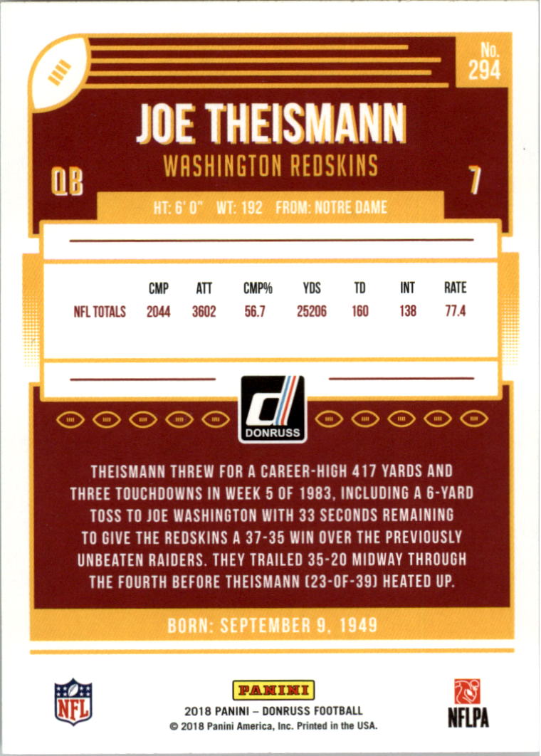2018 Donruss Press Proof Red #294 Joe Theismann back image